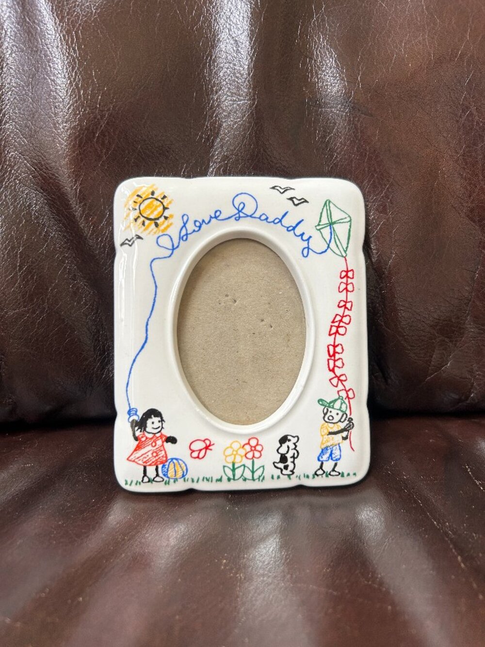 RARE I Love Daddy Small Ceramic Picture Frame Kids Playing With Kite 5x4